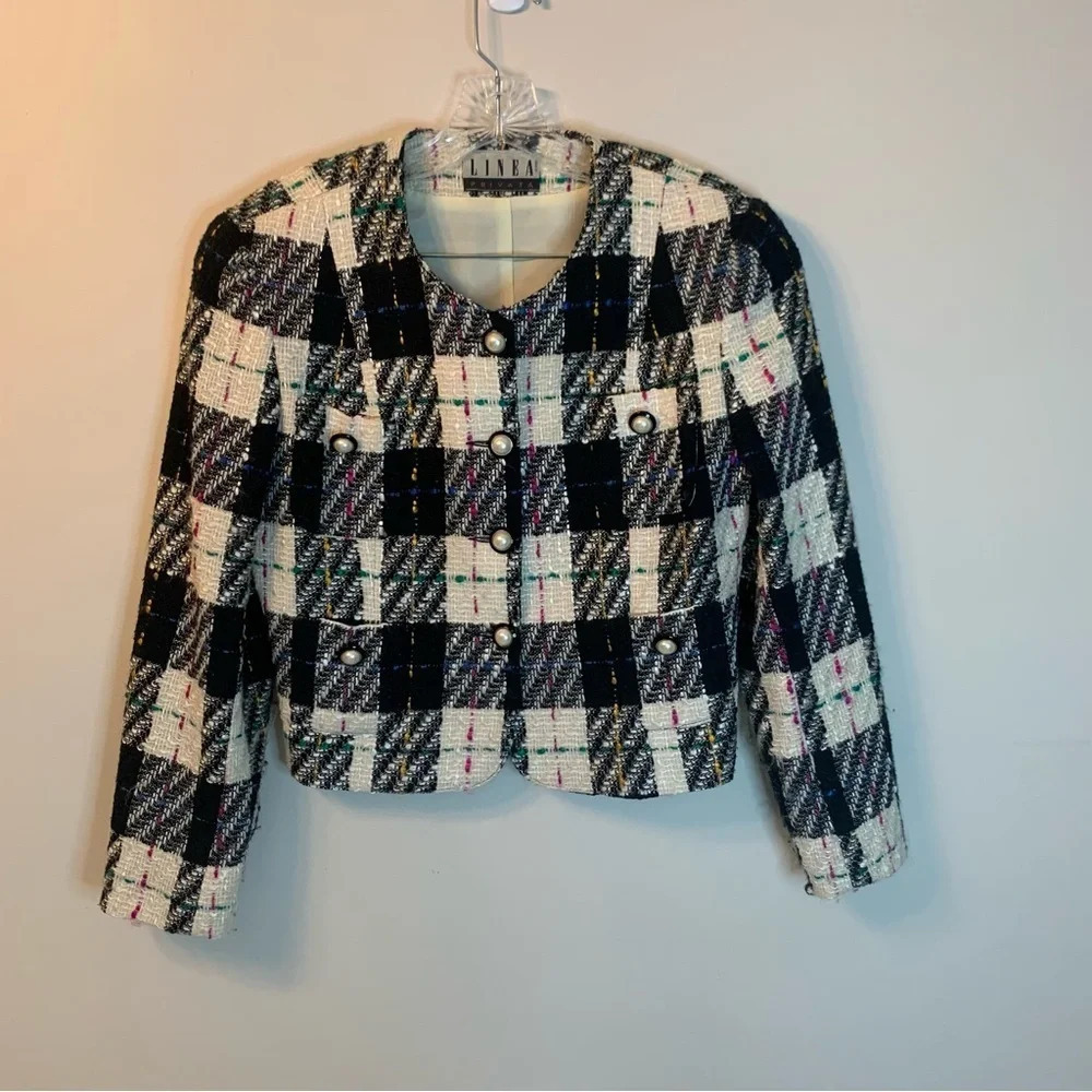 Vintage Linea Tweed Cropped Blazer Black Pink 10
